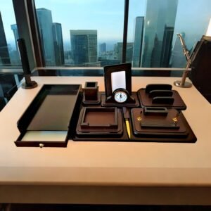 Luxury Wooden Table Set with Leather Finish and Drawer 9Pcs
